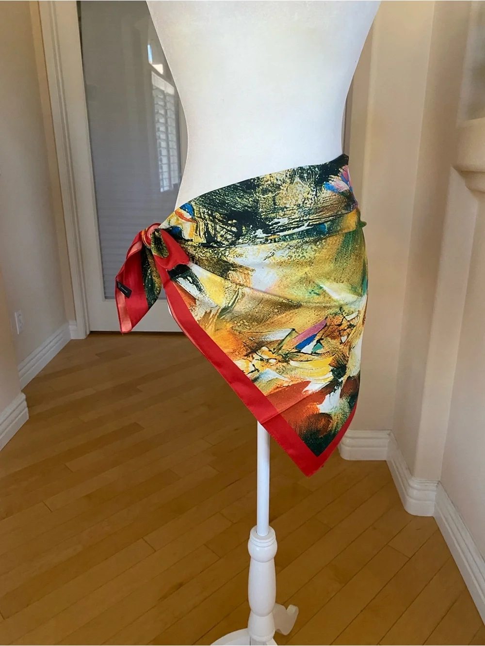 Silk Scarf Wrap Dress Top Abstract Multicolor with Red Trim